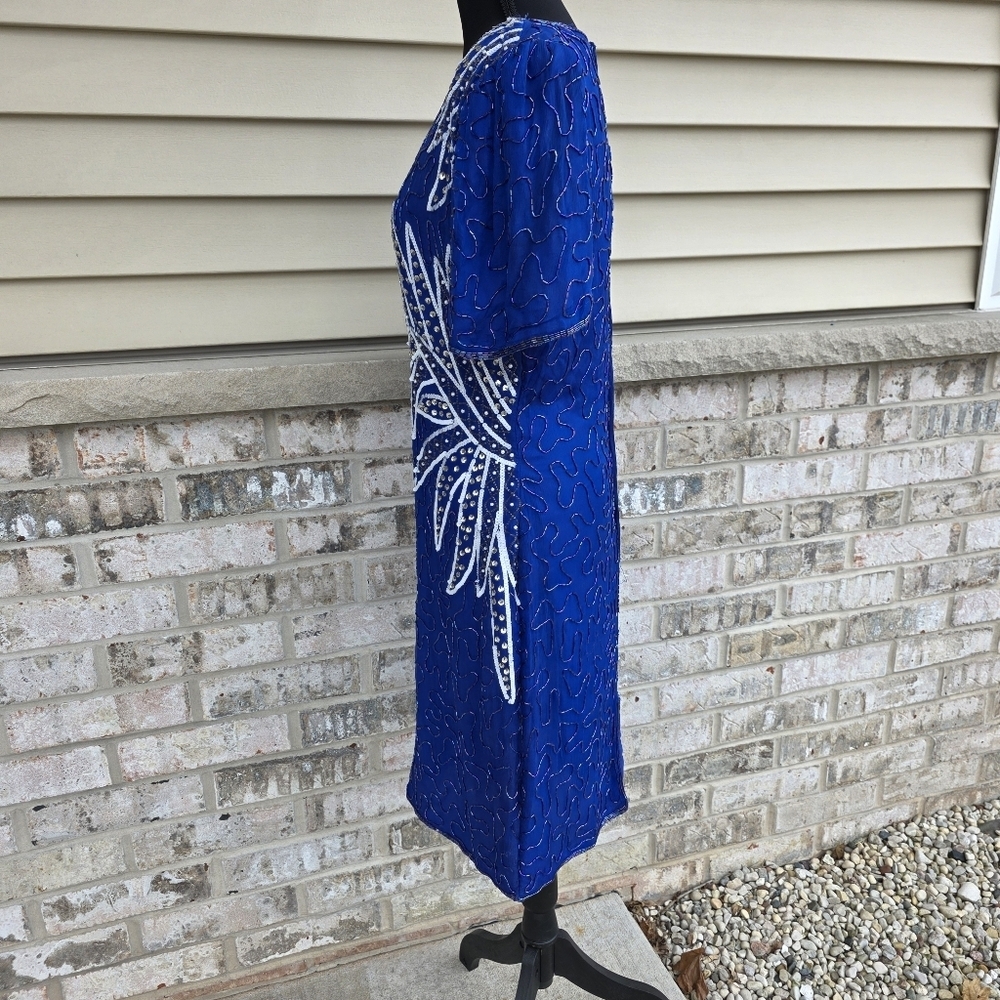 Vintage SWEELO Silk Beaded Blue Cocktail Dress 80s Art Deco Sheath M - Picture 5 of 16
